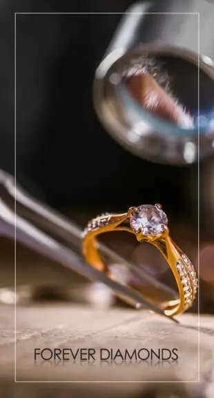 A close-up view of a golden engagement ring with a large diamond stone, surrounded by smaller diamonds, set against a blurry background