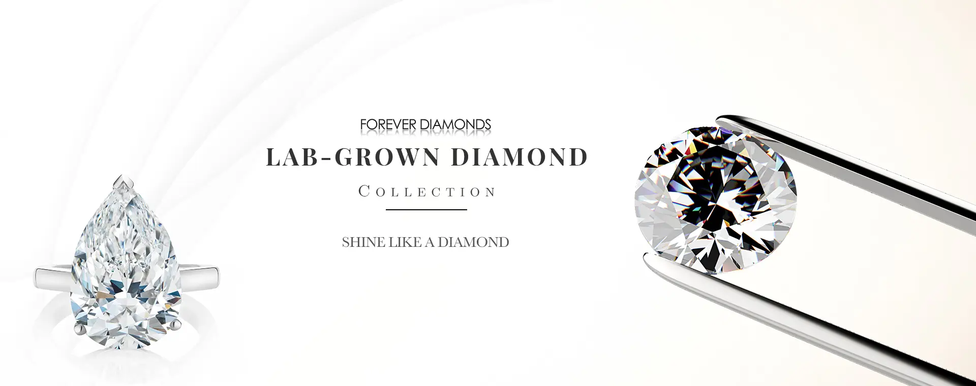 The image shows several diamond engagement rings from the Forever Diamonds lab-grown diamond collection. The rings feature round brilliant cut diamonds set in intricate platinum or white gold settings. The text prominently displays the 'Forever Diamonds' and 'Lab-Grown Diamond Collection' branding.