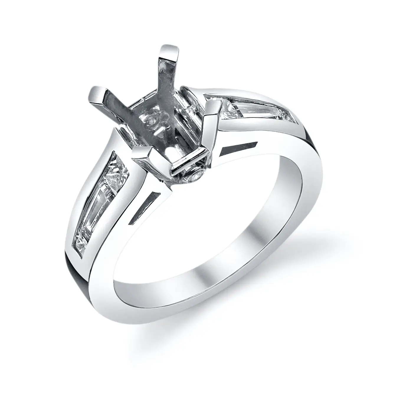 A close-up view of a platinum diamond engagement ring with a large, central diamond and smaller diamonds set in the band.