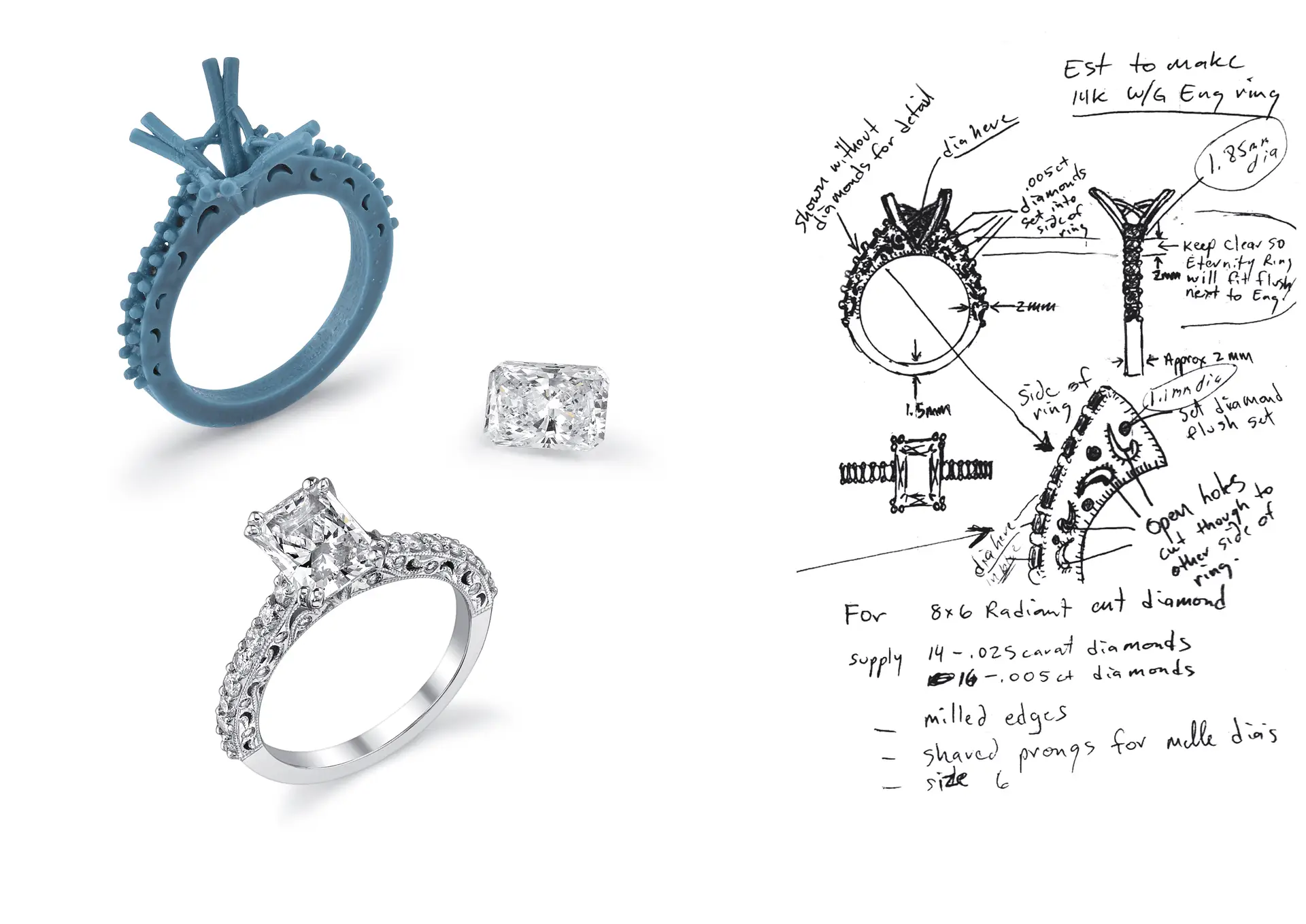 A sketch and plan for designing an elaborate diamond engagement ring, with detailed measurements and settings.