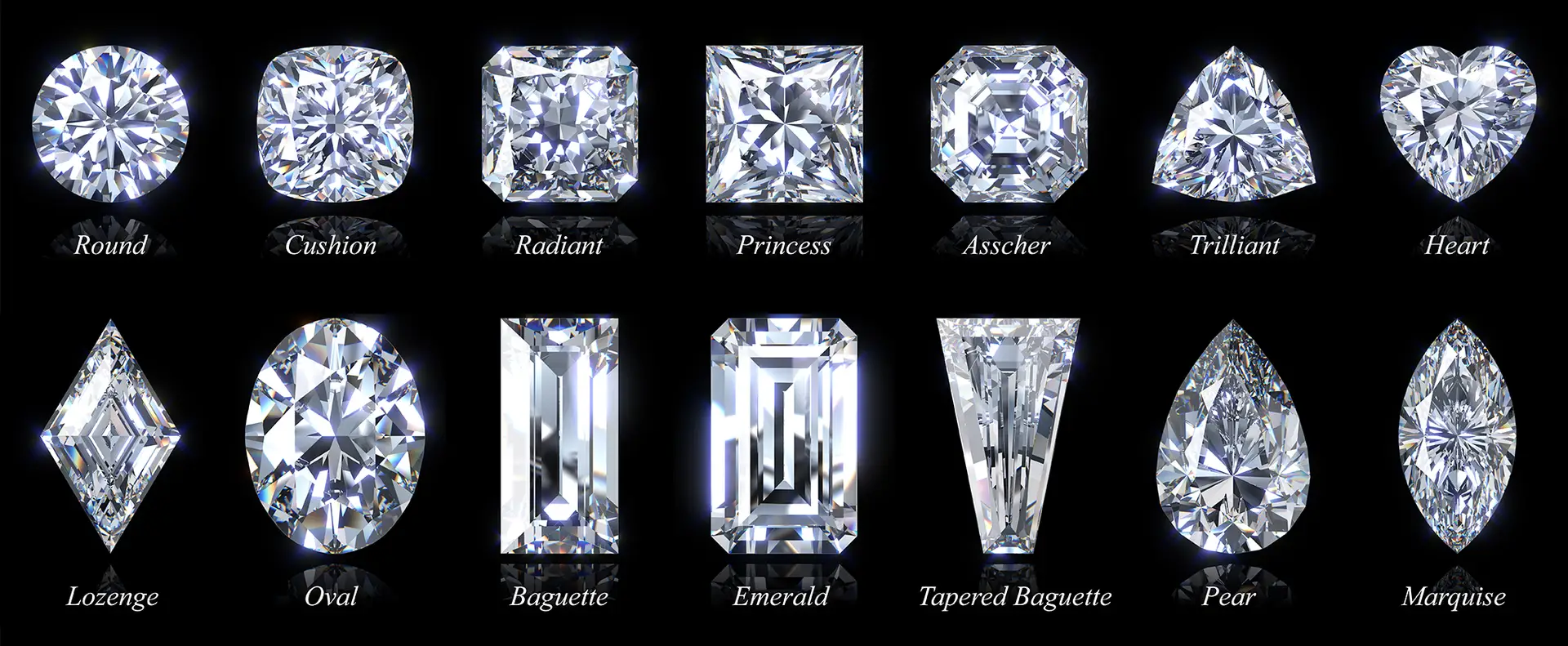 Various diamond cut styles and shapes, including round, cushion, radiant, princess, asscher, brilliant, and heart.