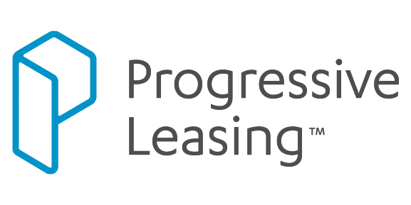 The logo for 'Progressive Leasing', which consists of the company name in gray text with a blue geometric shape to the left