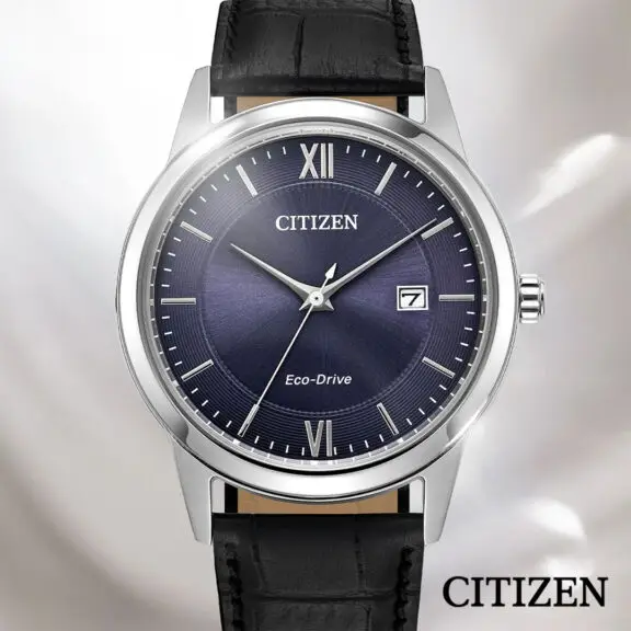 A Citizen brand watch with a black leather band and a dark blue dial face