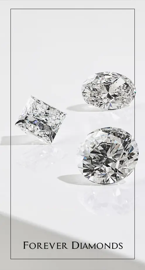 Three diamond gemstones of various cuts and sizes, including oval, round, and princess cut, against a plain white background with the text 'Forever Diamonds'
