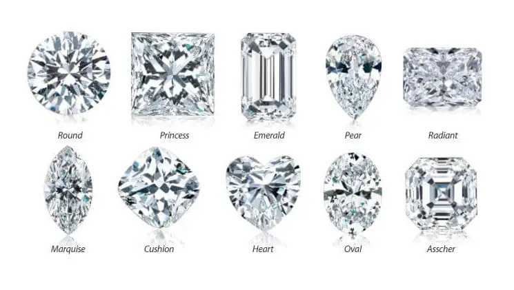 A variety of diamond shapes, including round, princess, emerald, pear, radiant, marquise, cushion, heart, oval, and asscher, showcasing the different cut and style options.