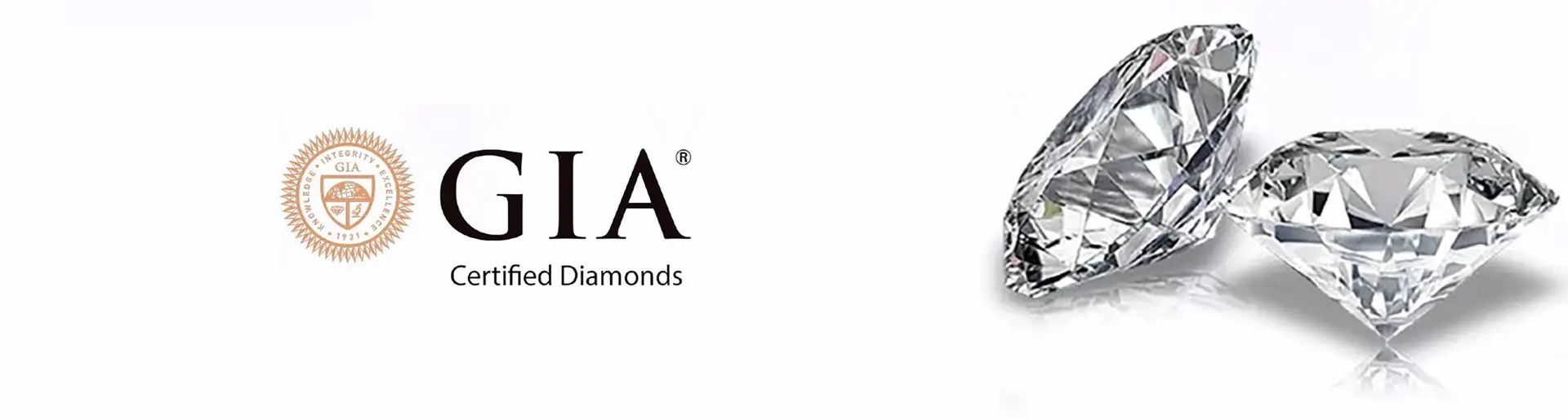 The GIA (Gemological Institute of America) logo and two large, brilliantly cut diamonds.