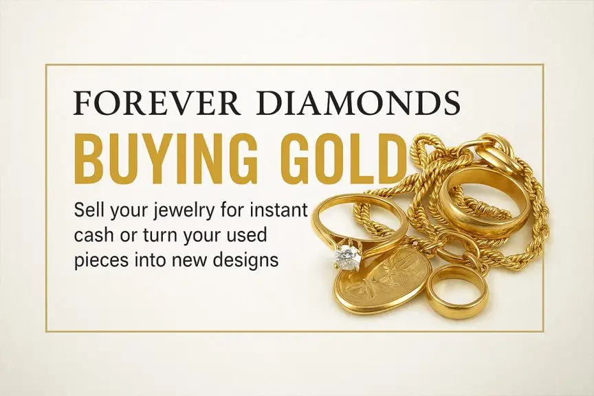 An image of various pieces of gold jewelry, including rings, chains, and charms, with the text 'Forever Diamonds Buying Gold' indicating they buy used jewelry for cash or to turn into new designs.