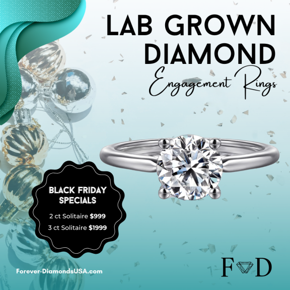 An advertisement for lab-grown diamond engagement rings, featuring Black Friday specials. The image shows a close-up of a diamond engagement ring with a large round center stone.