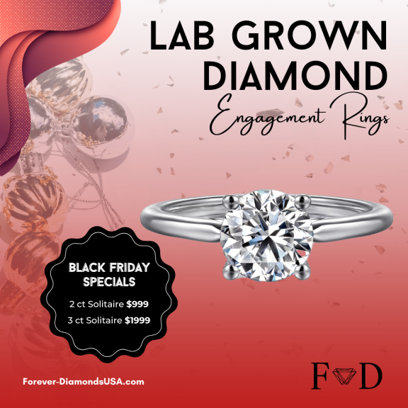 An advertisement for lab-grown diamond engagement rings, featuring Black Friday specials. The image shows a close-up of a diamond engagement ring with a large round center stone.