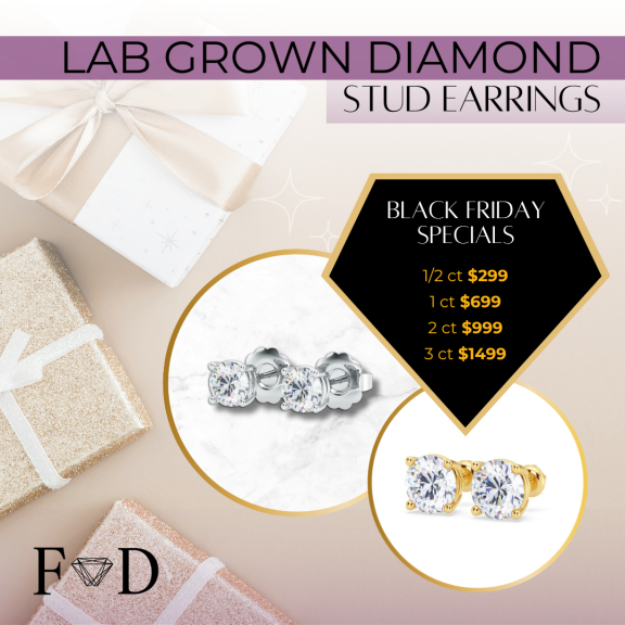 An advertisement for lab-grown diamond stud earrings, featuring Black Friday specials. The image shows a pair of diamond stud earrings and the price range for different carat sizes.