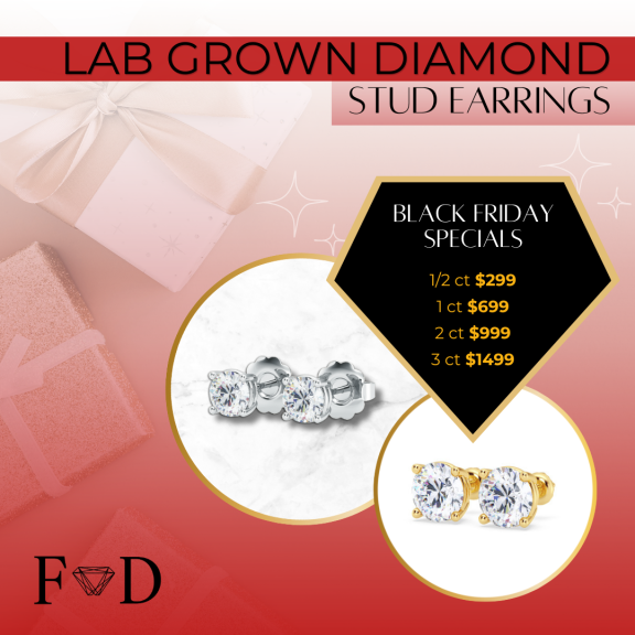 An advertisement for lab-grown diamond stud earrings, featuring Black Friday specials. The image shows a pair of diamond stud earrings and the price range for different carat sizes.