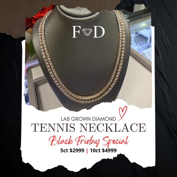 An image showcasing a diamond tennis necklace and advertising a Black Friday special offer of $2999 for 5ct or $4999 for 10ct.