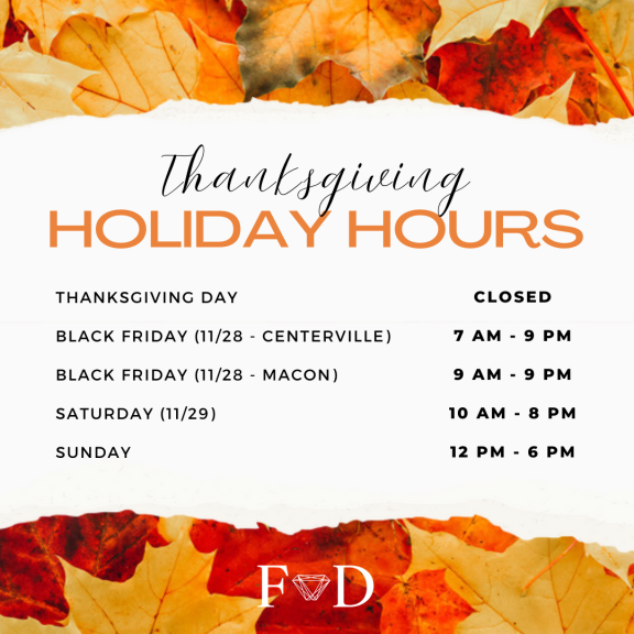 An image displaying a Thanksgiving holiday hours schedule for the Forever Diamonds jewelry store locations.